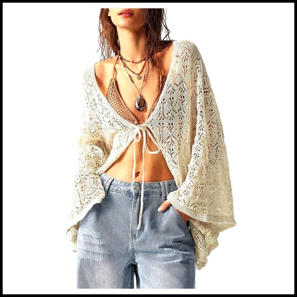 Oversized Tie Front Cardigan Crochet Knit Lightweight Fall Sweater